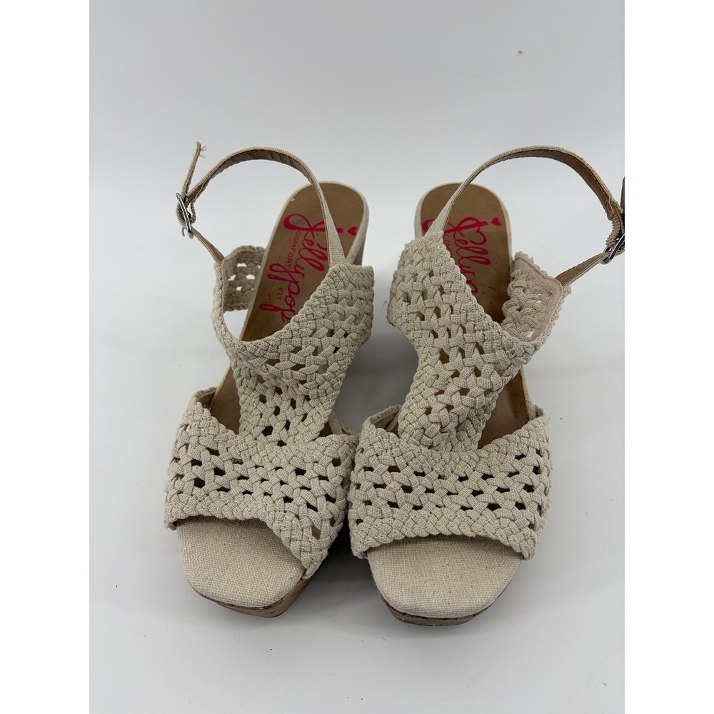 Jelly Pop "Alexia" Boho Natural‎ Linen Woven Sandals, Cork Heel, Women's 8